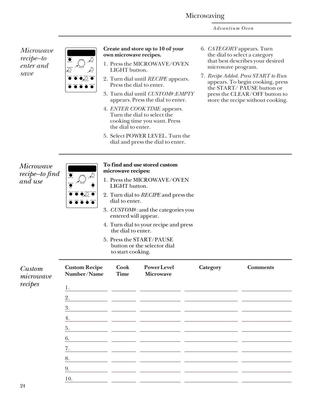 GE SCA 2000, SCA 2001 Microwave recipe-to enter and save, Microwave recipe-to find and use, Custom microwave recipes 