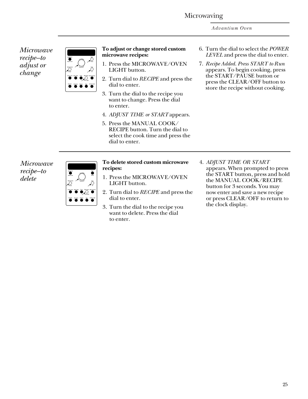 GE SCA 2001, SCA 2000 Microwave recipe-to adjust or change, Microwave recipe-to delete, Adjust Time or Start appears 