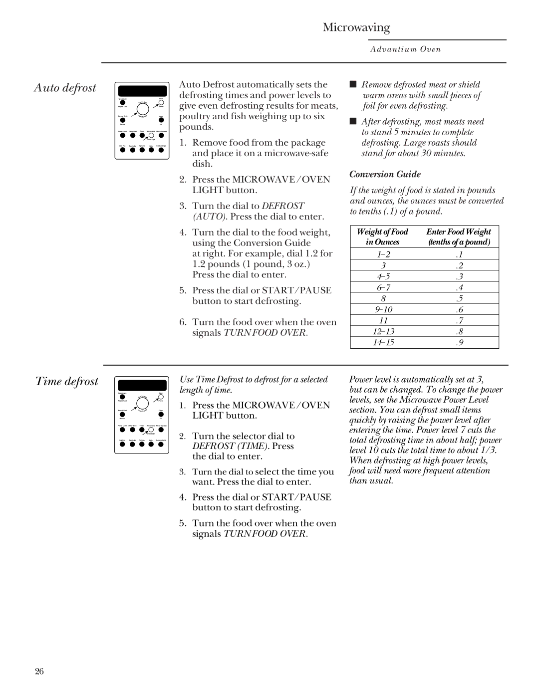 GE SCA 2000 Auto defrost, Time defrost, Conversion Guide, Use Time Defrost to defrost for a selected length of time 