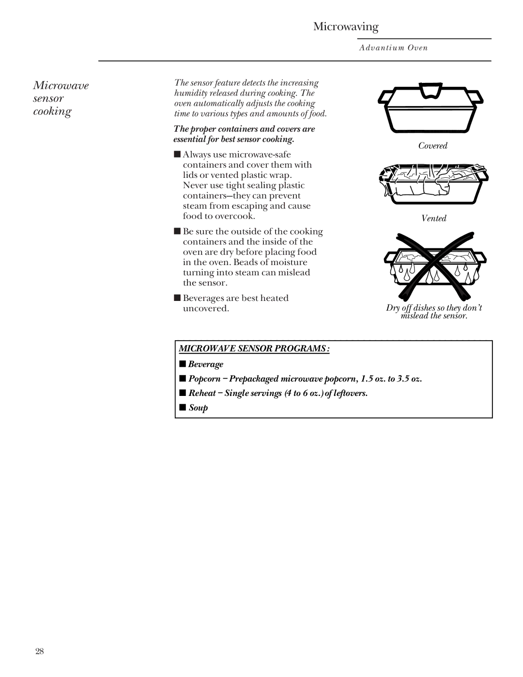 GE SCA 2000, SCA 2001 owner manual Microwave sensor cooking, Covered, Uncovered, Microwave Sensor Programs 