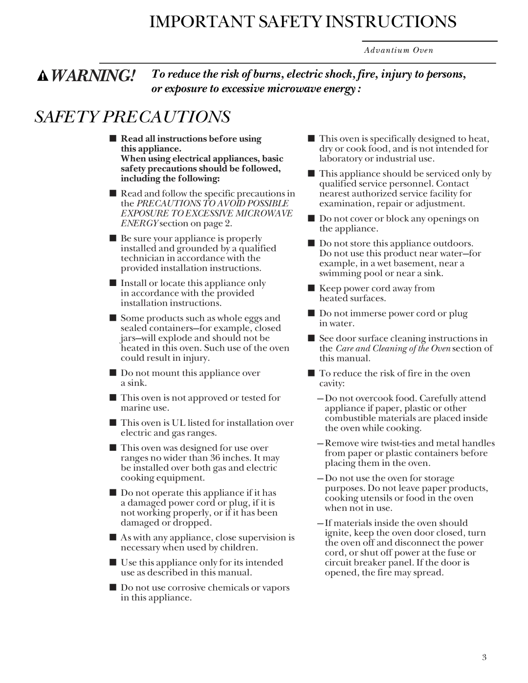 GE SCA 2001, SCA 2000 owner manual Safety Precautions 