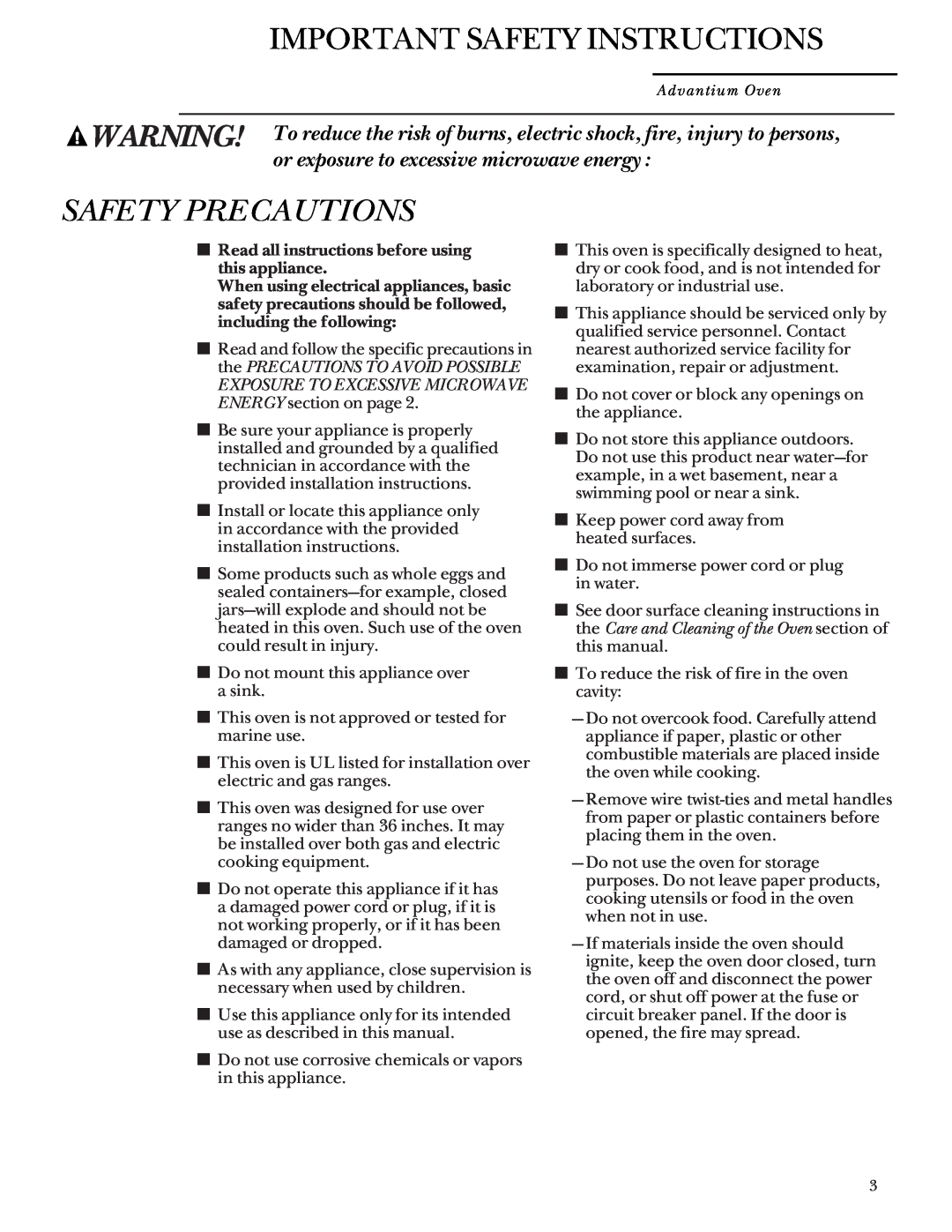 GE SCA 2001, SCA 2000 owner manual Safety Precautions, Important Safety Instructions 