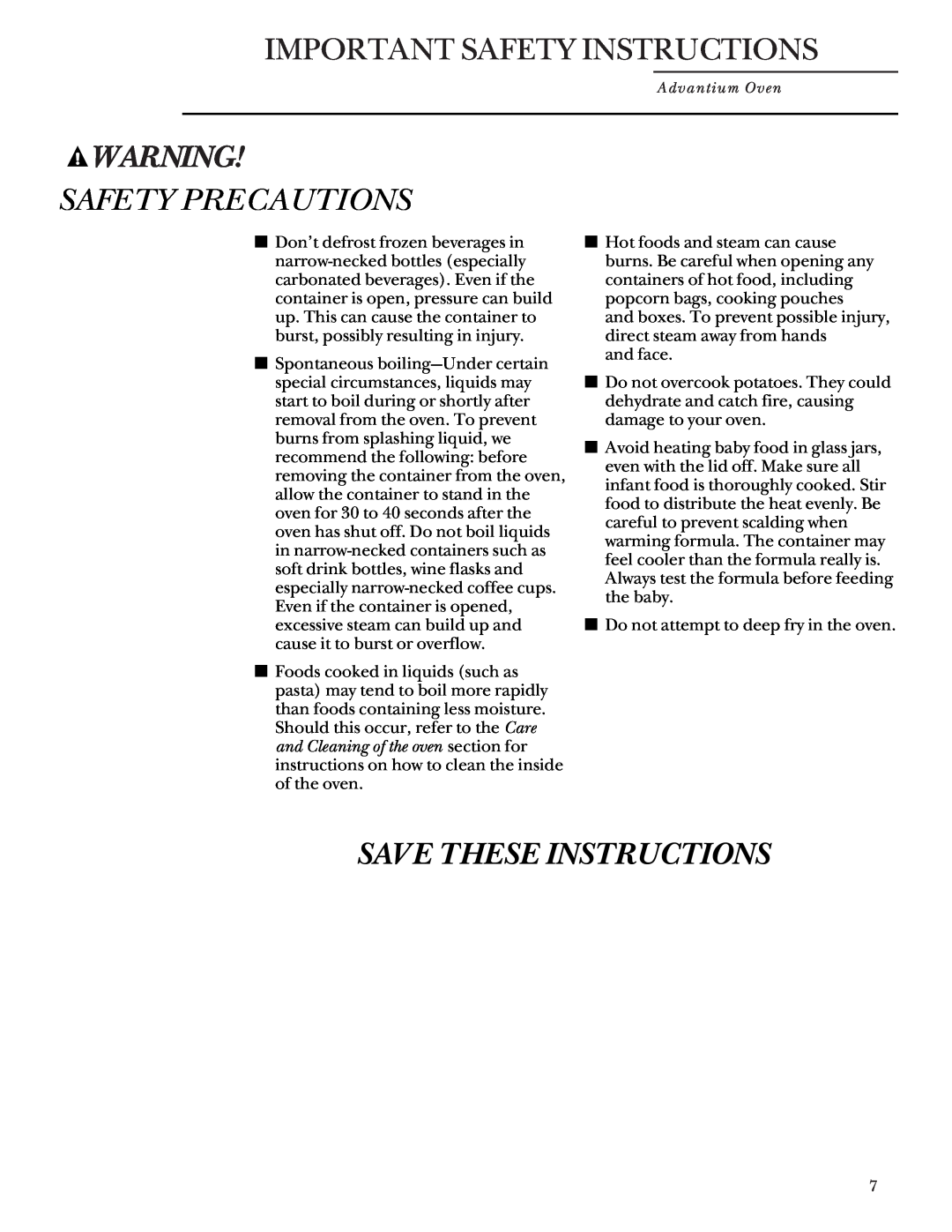 GE SCA 2001, SCA 2000 owner manual Save These Instructions, Important Safety Instructions, Safety Precautions 