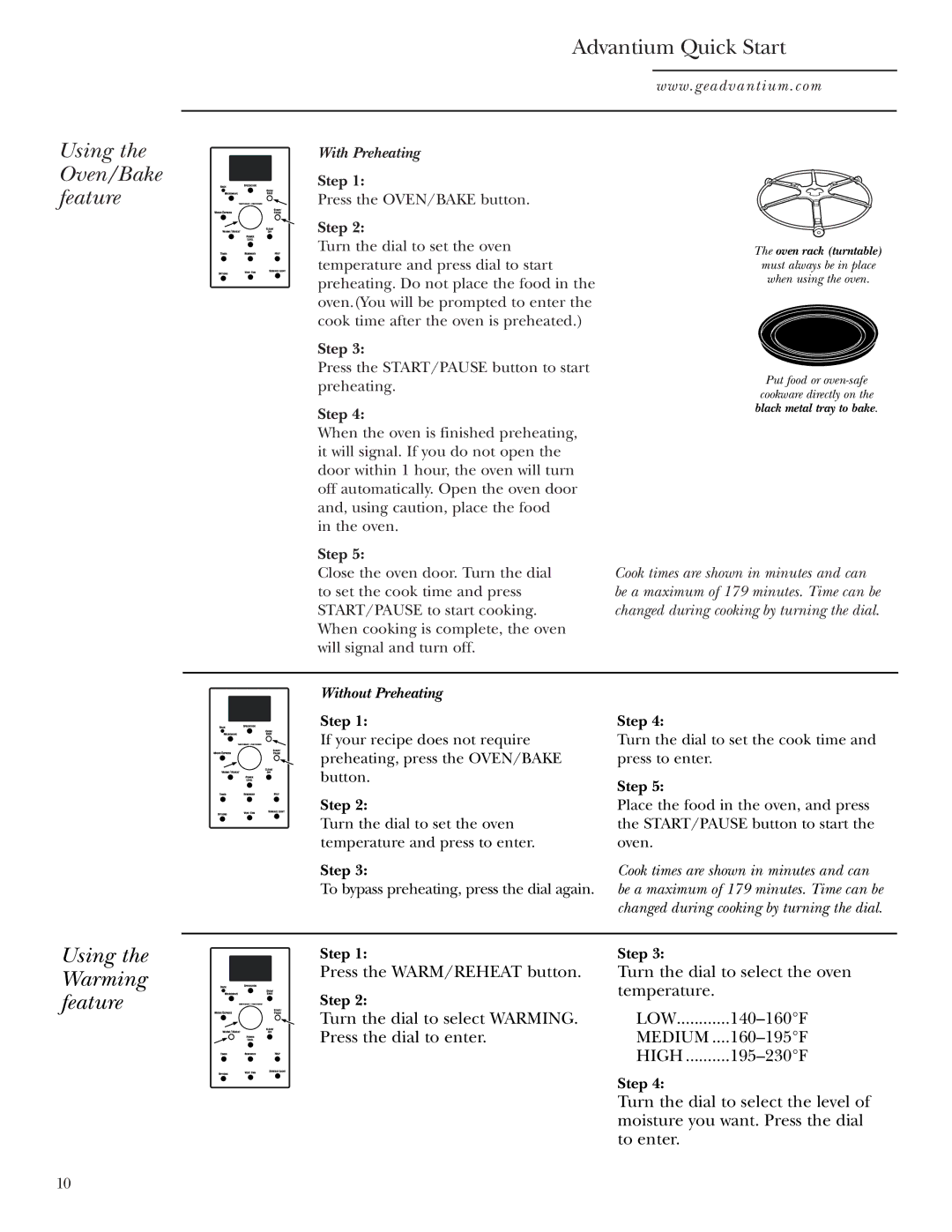 GE SCA1000, SCA1001 owner manual Using the Oven/Bake feature, Using the Warming feature, Temperature 