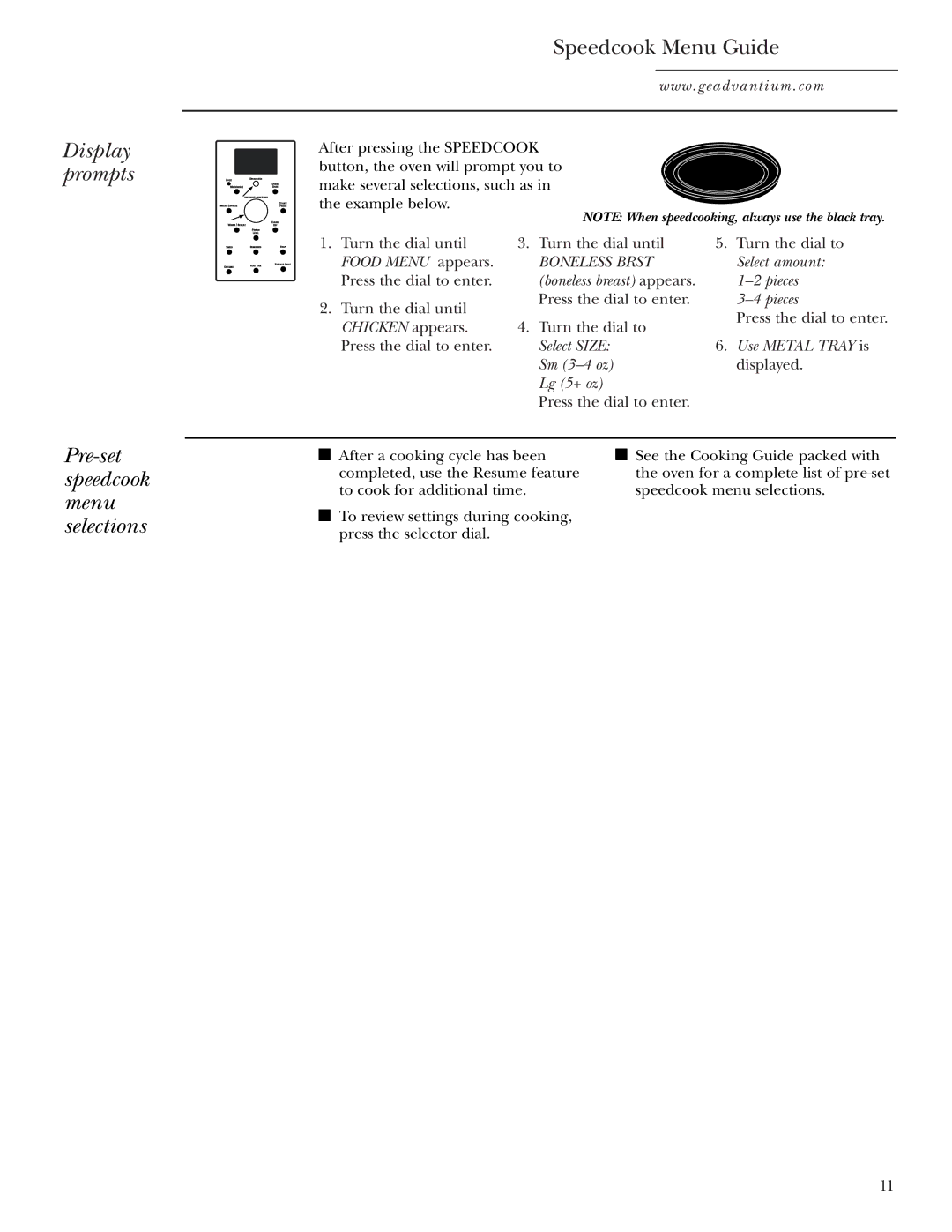 GE SCA1001, SCA1000 owner manual Display prompts Pre-set speedcook menu selections, Speedcook Menu Guide 