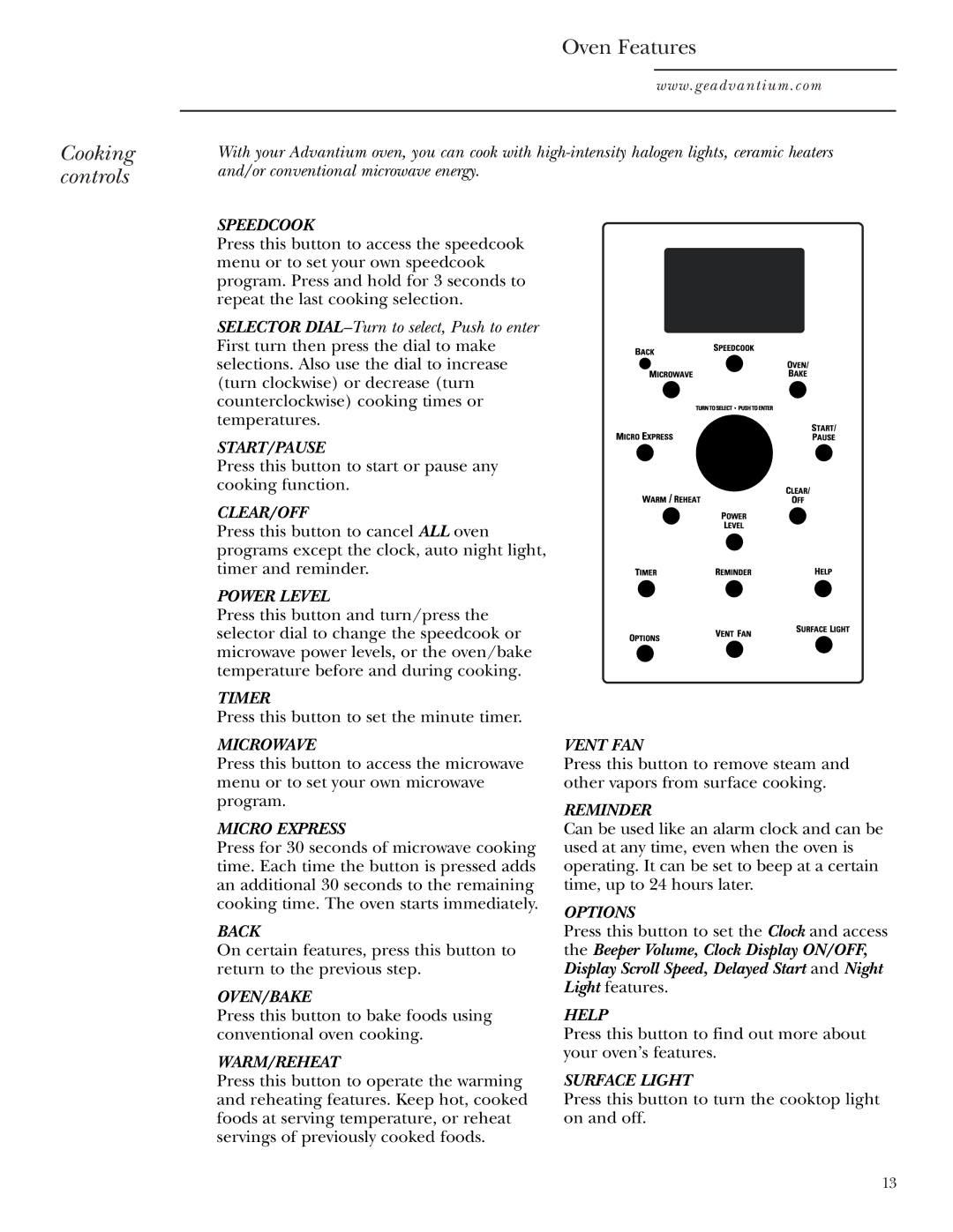 GE SCA1001, SCA1000 owner manual Cooking controls, Speedcook 