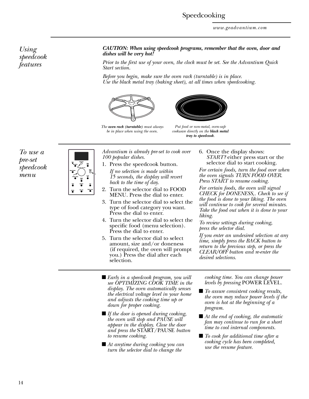 GE SCA1000, SCA1001 owner manual Using speedcook features, Speedcooking, To use a pre-set speedcook menu 