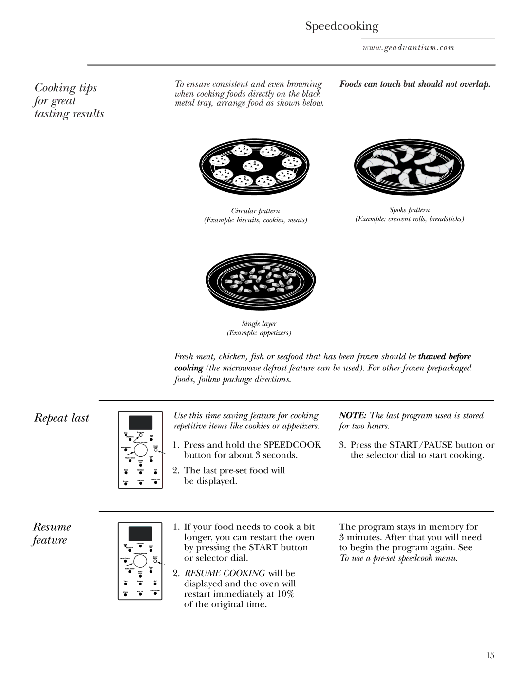 GE SCA1001 Cooking tips for great tasting results, Repeat last, Resume feature, To ensure consistent and even browning 