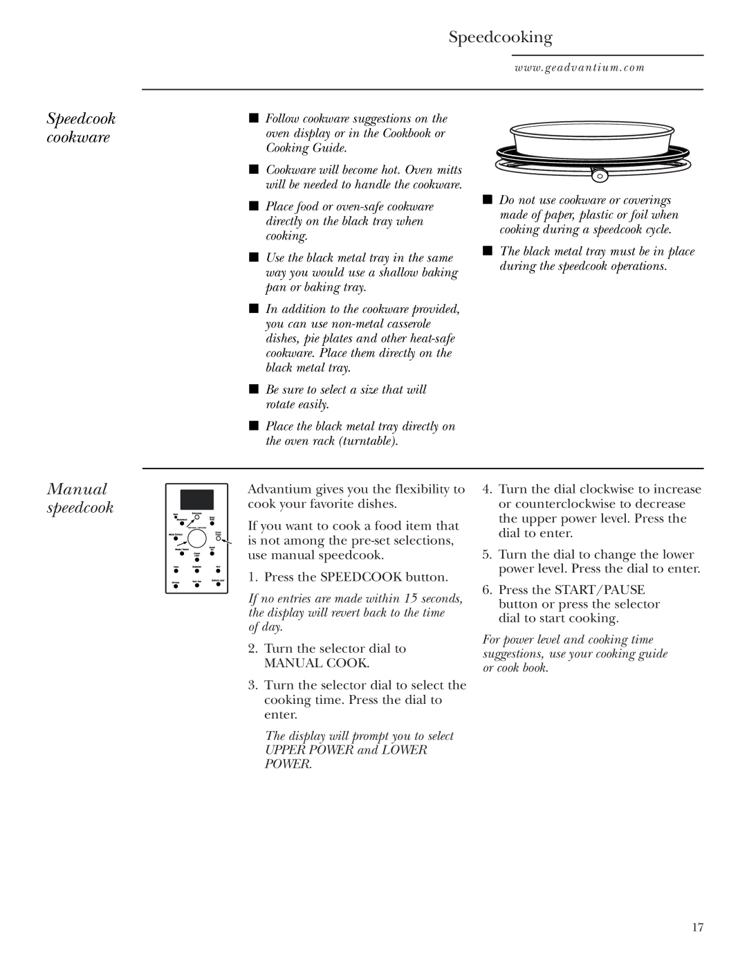 GE SCA1001, SCA1000 owner manual Speedcook cookware, Manual speedcook, Be sure to select a size that will rotate easily 