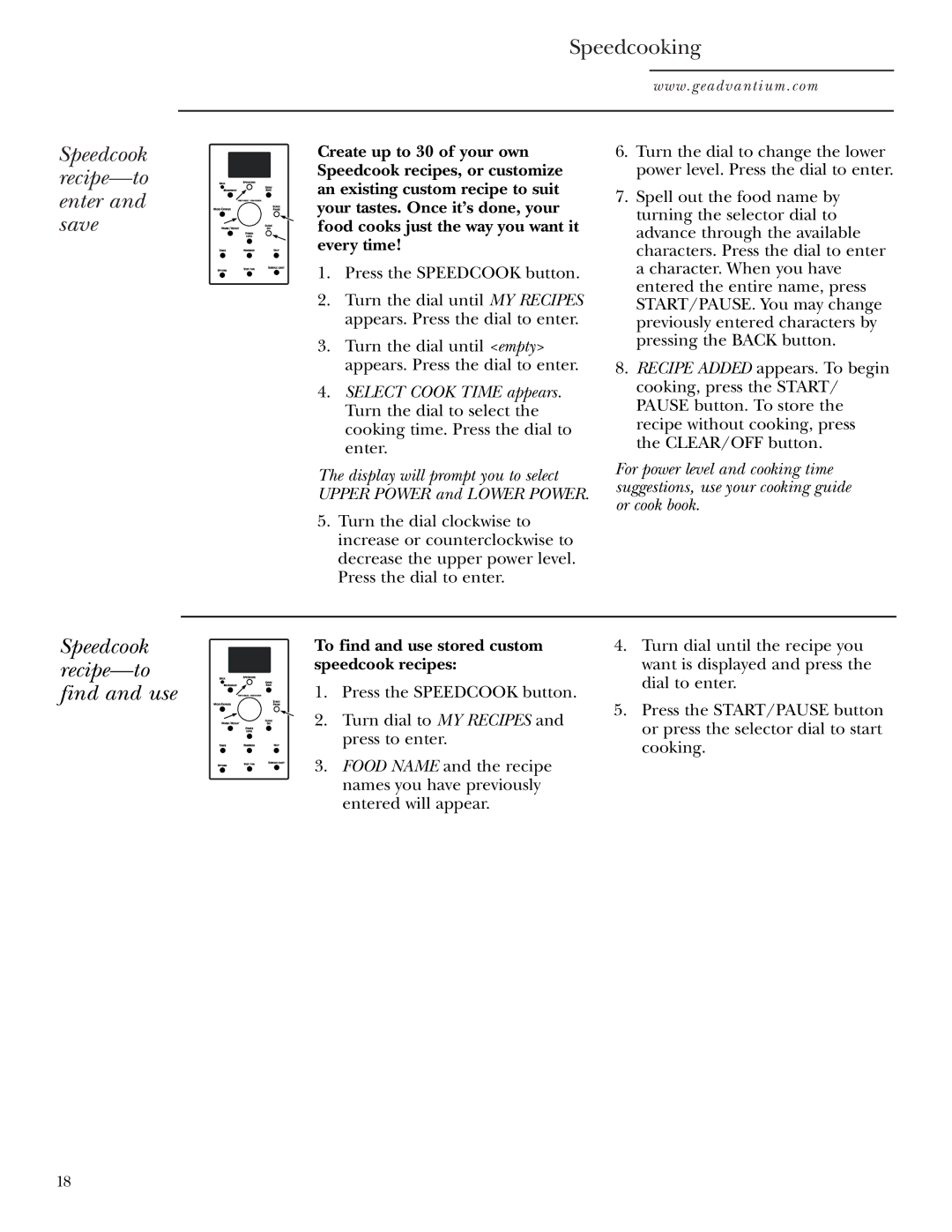 GE SCA1000, SCA1001 owner manual Speedcook recipe-to enter and save, Speedcook recipe-to find and use 