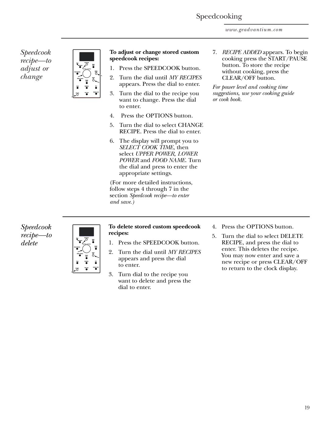 GE SCA1001 Speedcook recipe-to adjust or change, Speedcook recipe-to delete, To delete stored custom speedcook recipes 