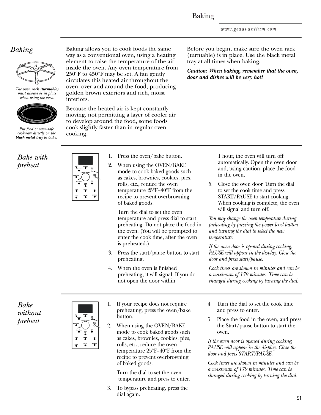 GE SCA1001, SCA1000 owner manual Baking, Bake with preheat, Bake without preheat 