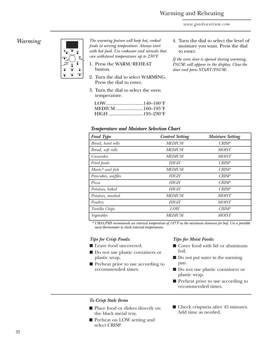 GE SCA1000, SCA1001 owner manual Warming and Reheating 