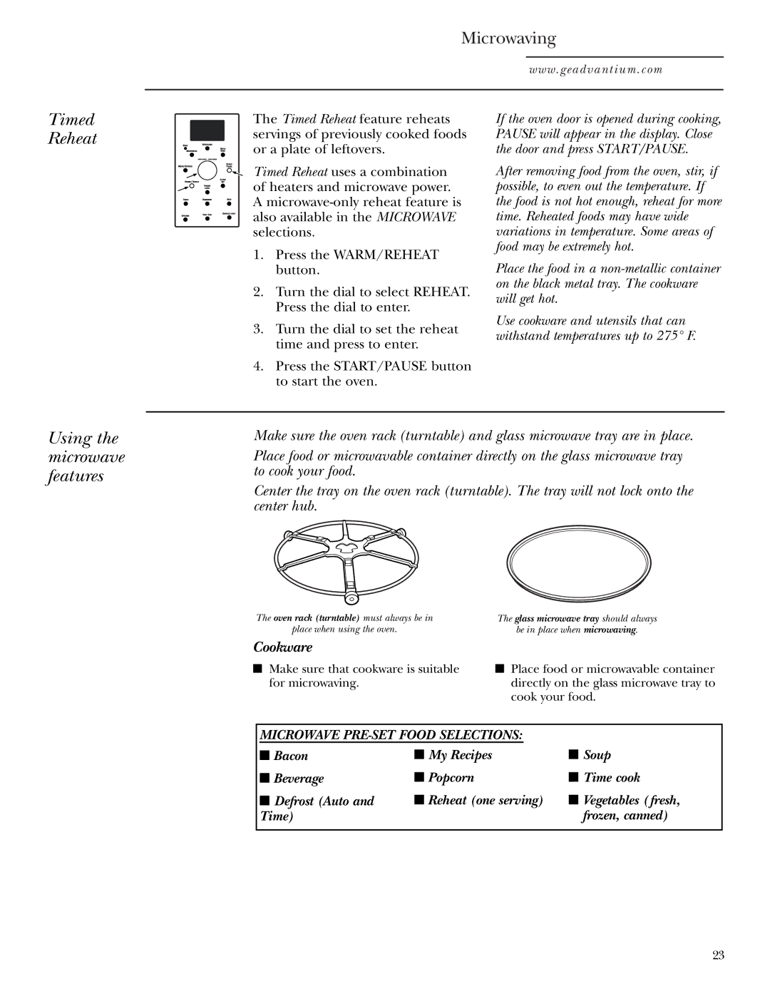 GE SCA1001, SCA1000 owner manual Microwaving, Timed Reheat, Using the microwave features, Bacon, Soup 