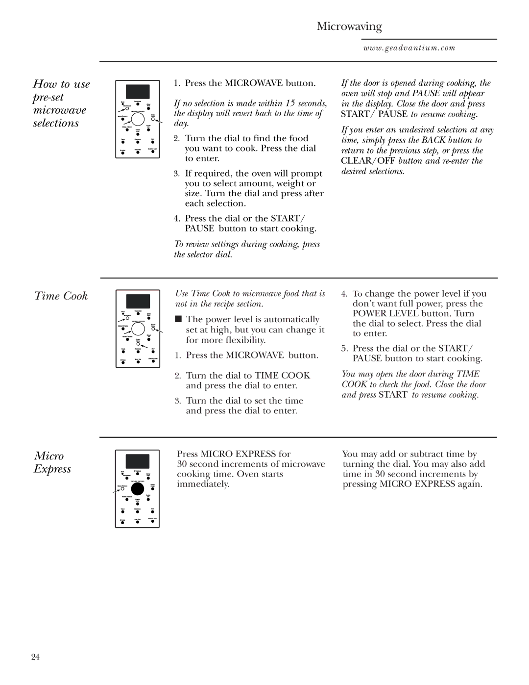 GE SCA1000, SCA1001 owner manual How to use pre-set microwave selections, Time Cook, Micro Express 