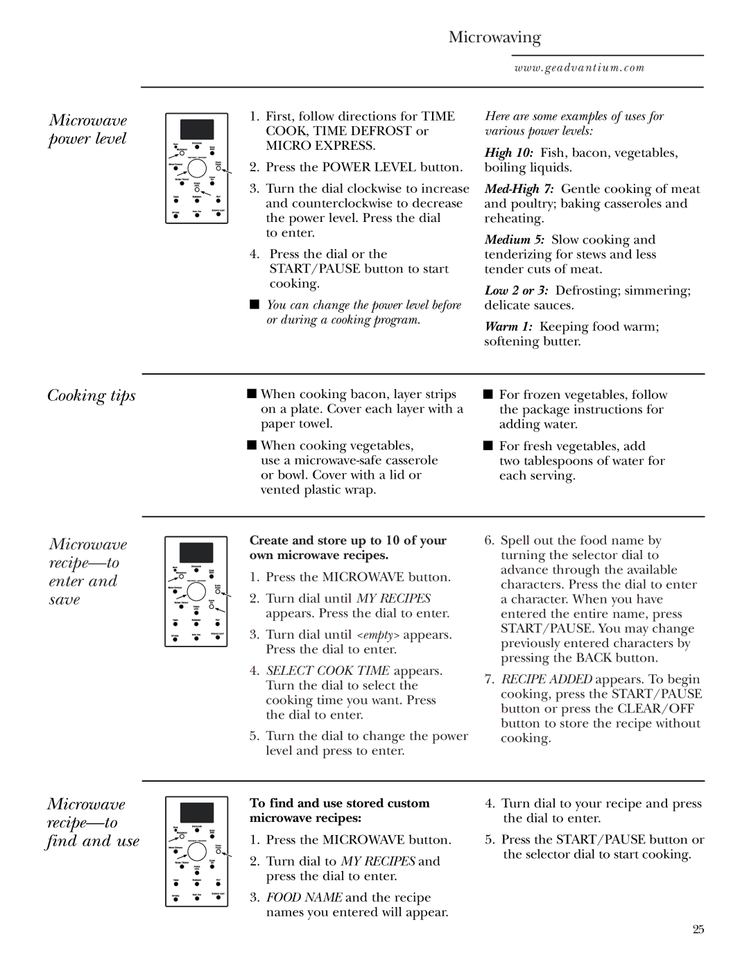 GE SCA1001 Microwave power level, Cooking tips, Microwave recipe-to enter and save, Microwave recipe-to find and use 