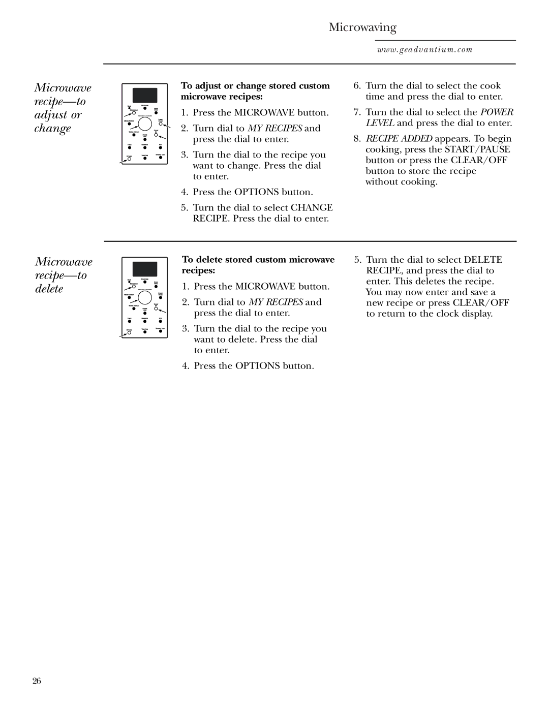 GE SCA1000 Microwave recipe-to adjust or change, Microwave recipe-to delete, To delete stored custom microwave recipes 