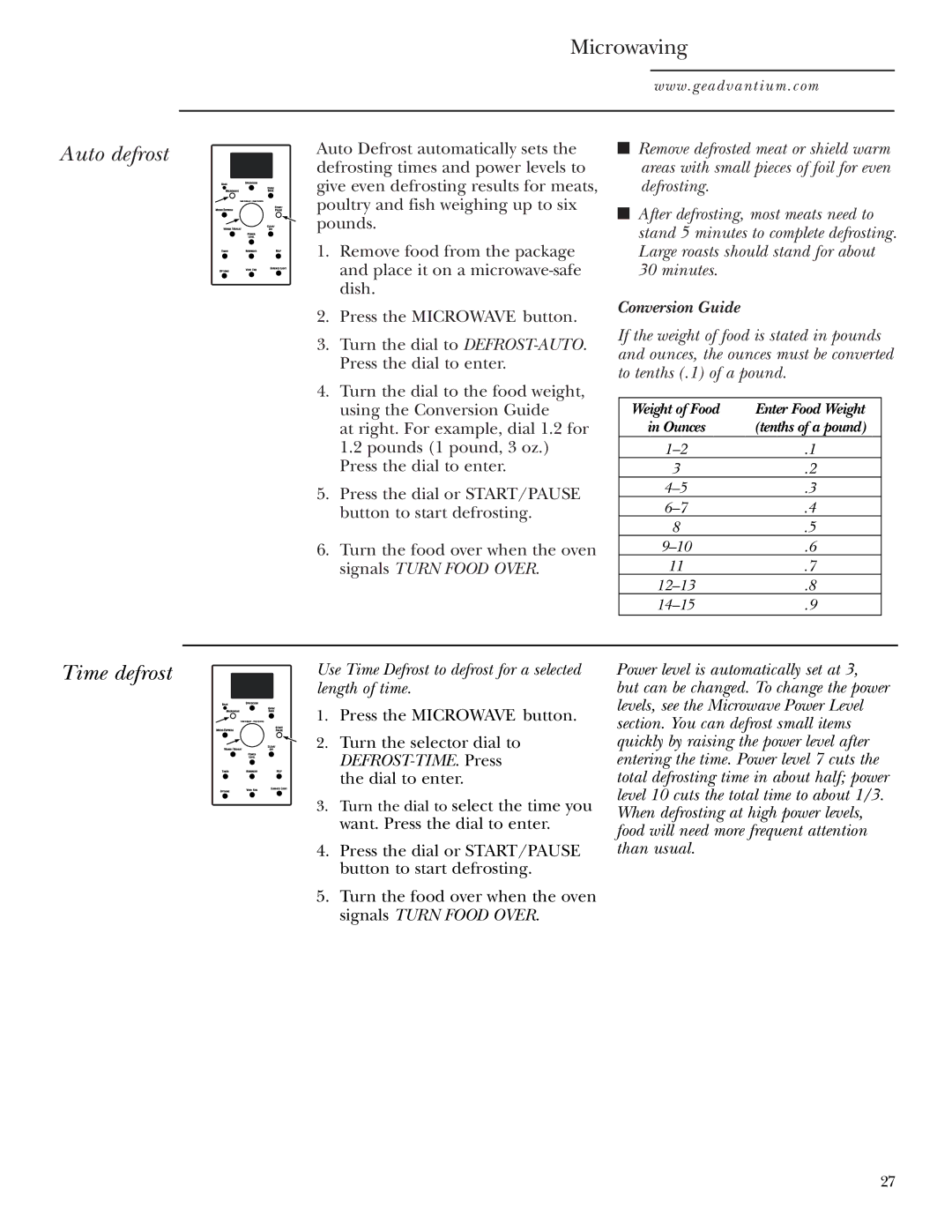 GE SCA1001 Auto defrost, Time defrost, Conversion Guide, Use Time Defrost to defrost for a selected length of time 