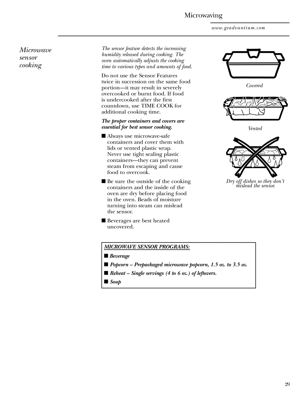 GE SCA1001, SCA1000 owner manual Microwave sensor cooking, Microwave Sensor Programs 