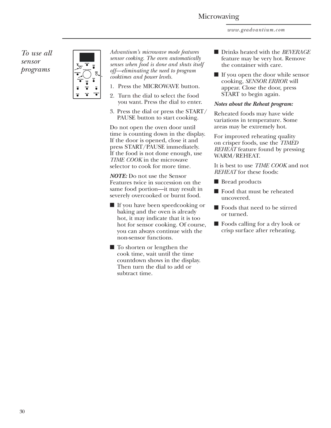 GE SCA1000, SCA1001 owner manual To use all sensor programs, Warm/Reheat 