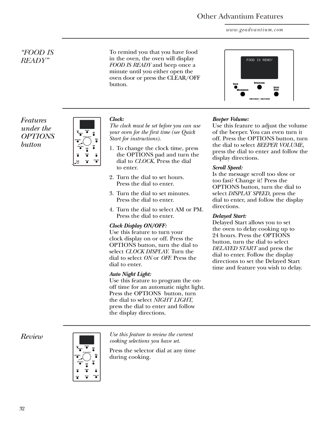 GE SCA1000, SCA1001 owner manual Other Advantium Features, Features under Options button, Review 