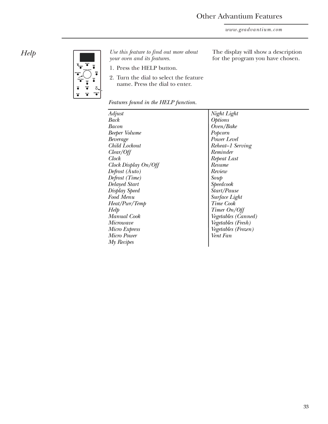 GE SCA1001, SCA1000 owner manual Help, Microwave, Micro Express, Micro Power Vent Fan My Recipes 