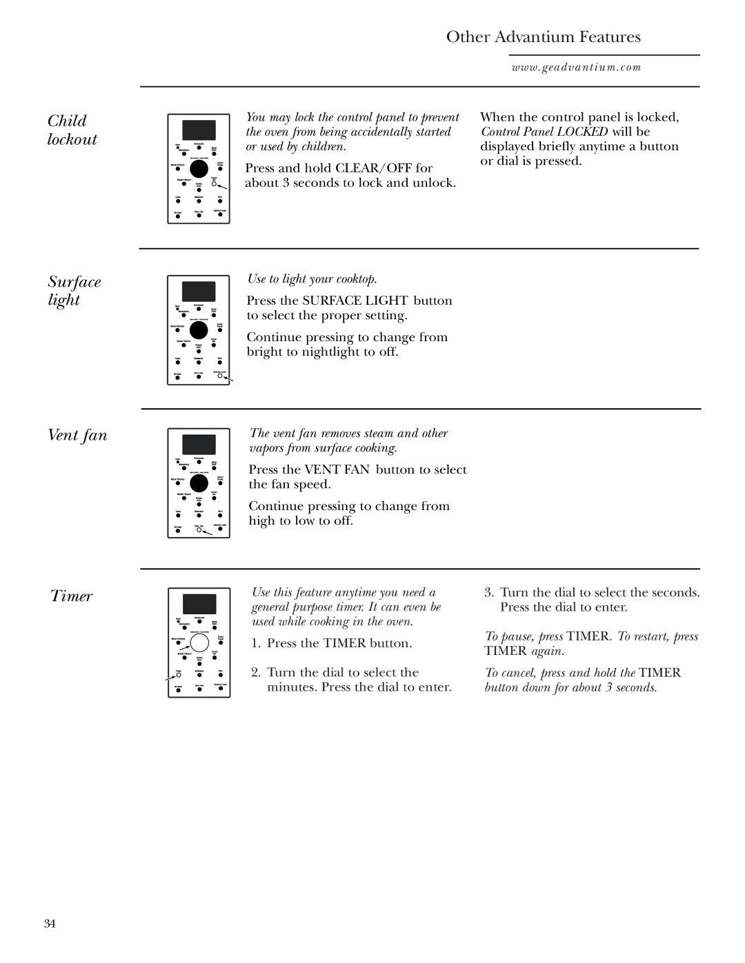 GE SCA1000, SCA1001 owner manual Child lockout Surface light Vent fan, Timer, Use to light your cooktop 