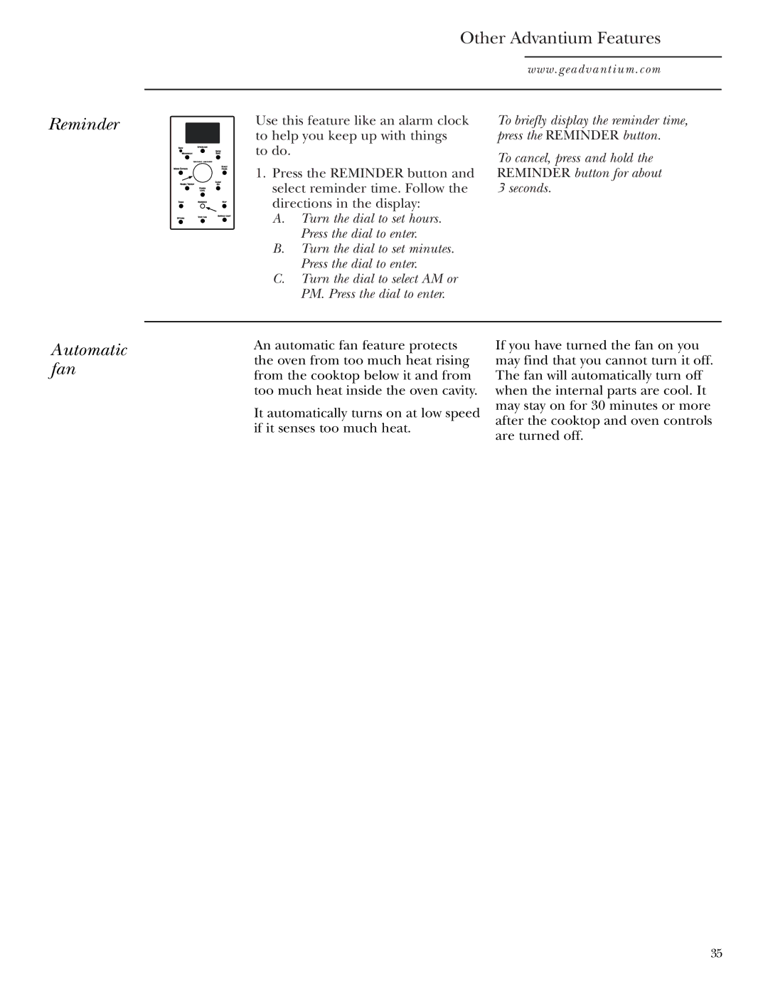 GE SCA1001, SCA1000 owner manual Reminder, Automatic fan 