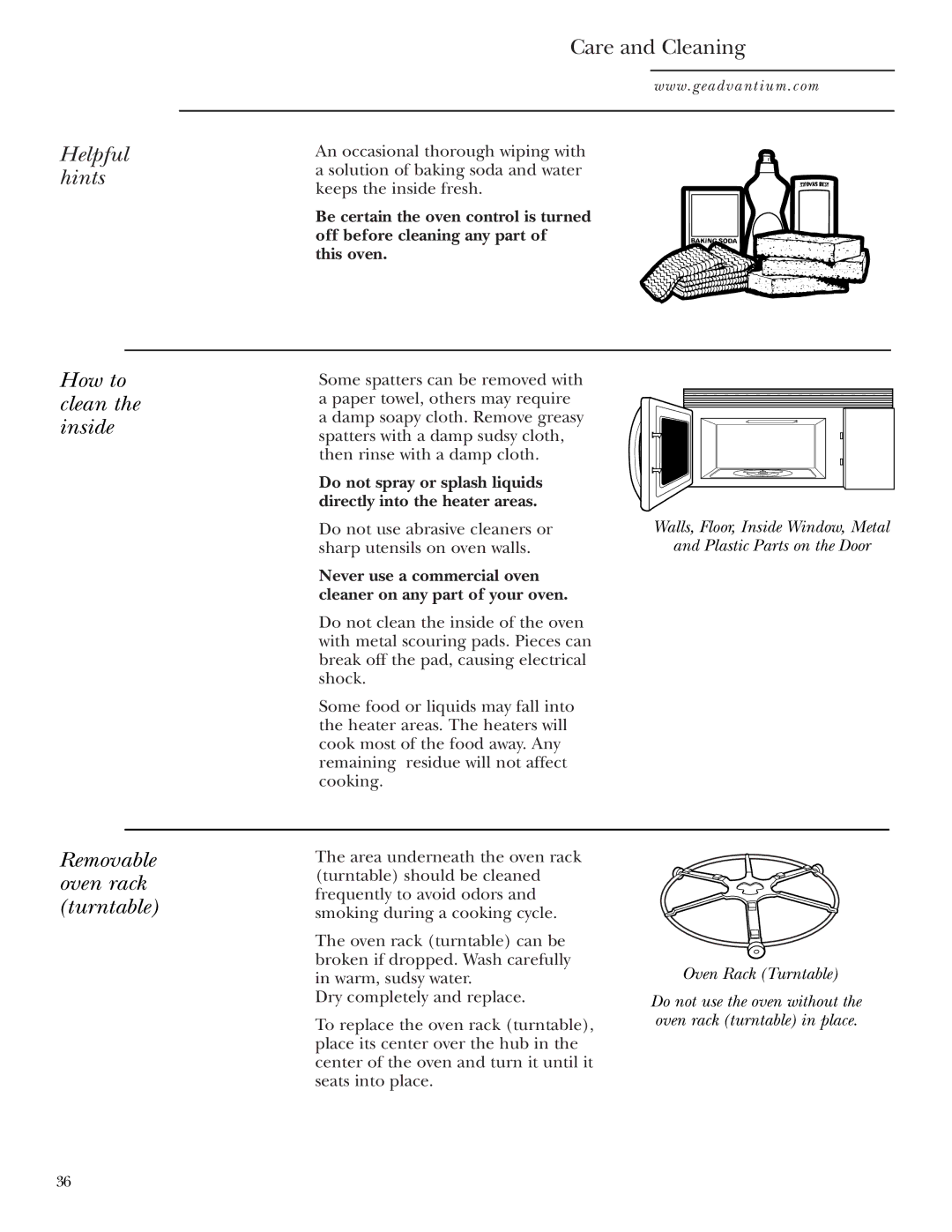 GE SCA1000 Helpful hints, Care and Cleaning, How to clean the inside, Removable oven rack turntable, Oven Rack Turntable 