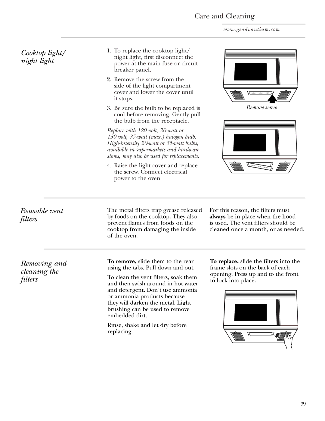 GE SCA1001, SCA1000 owner manual Cooktop light, Night light, Reusable vent, Filters, Removing and cleaning the filters 