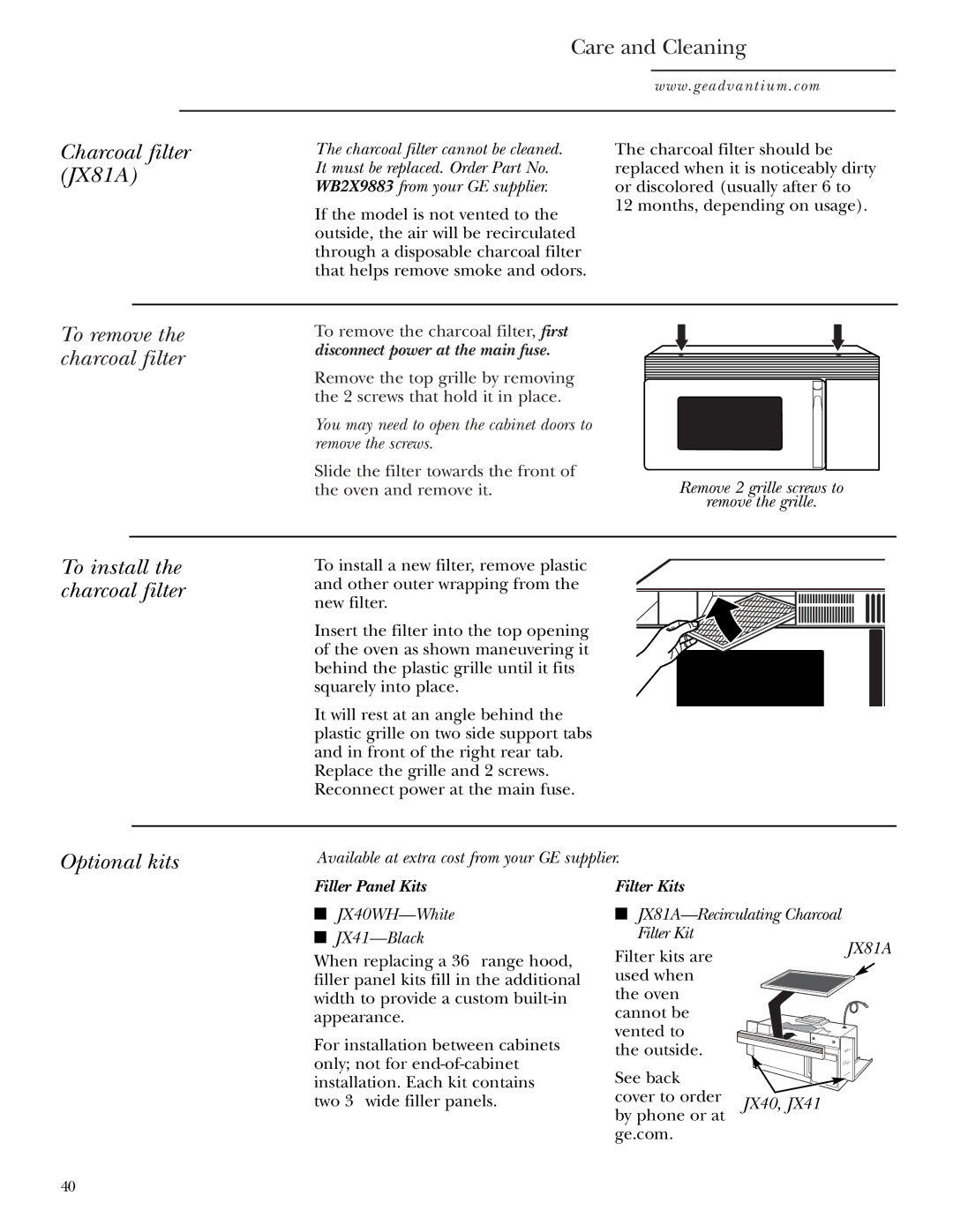 GE SCA1000 Charcoal filter JX81A, To remove the charcoal filter, To install the charcoal filter Optional kits, Filter Kits 