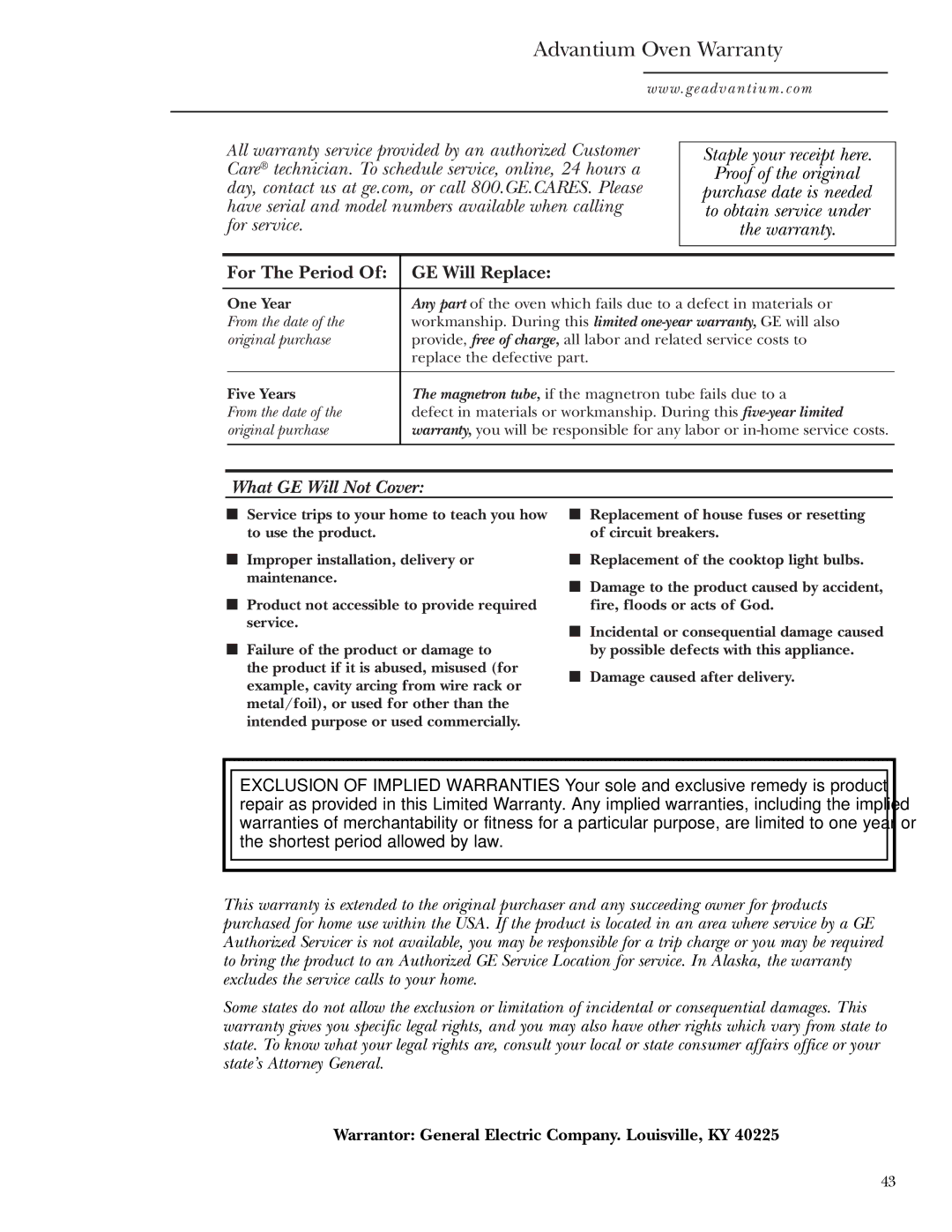 GE SCA1001, SCA1000 owner manual Advantium Oven Warranty, Warrantor General Electric Company. Louisville, KY 