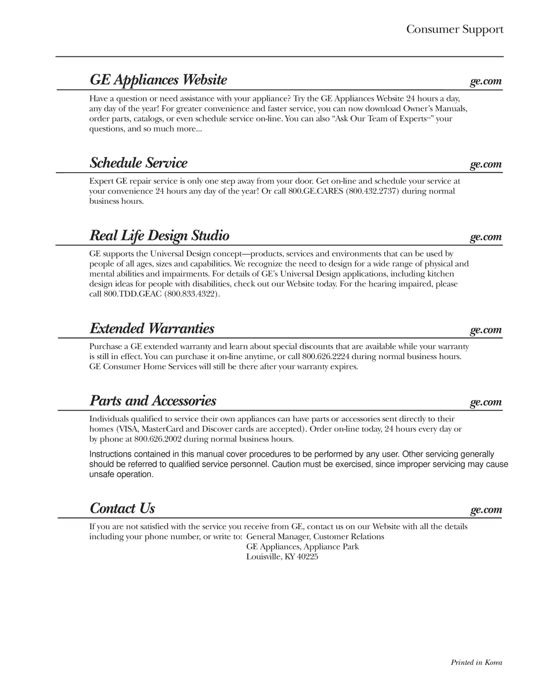 GE SCA1000, SCA1001 owner manual Schedule Service, Consumer Support 