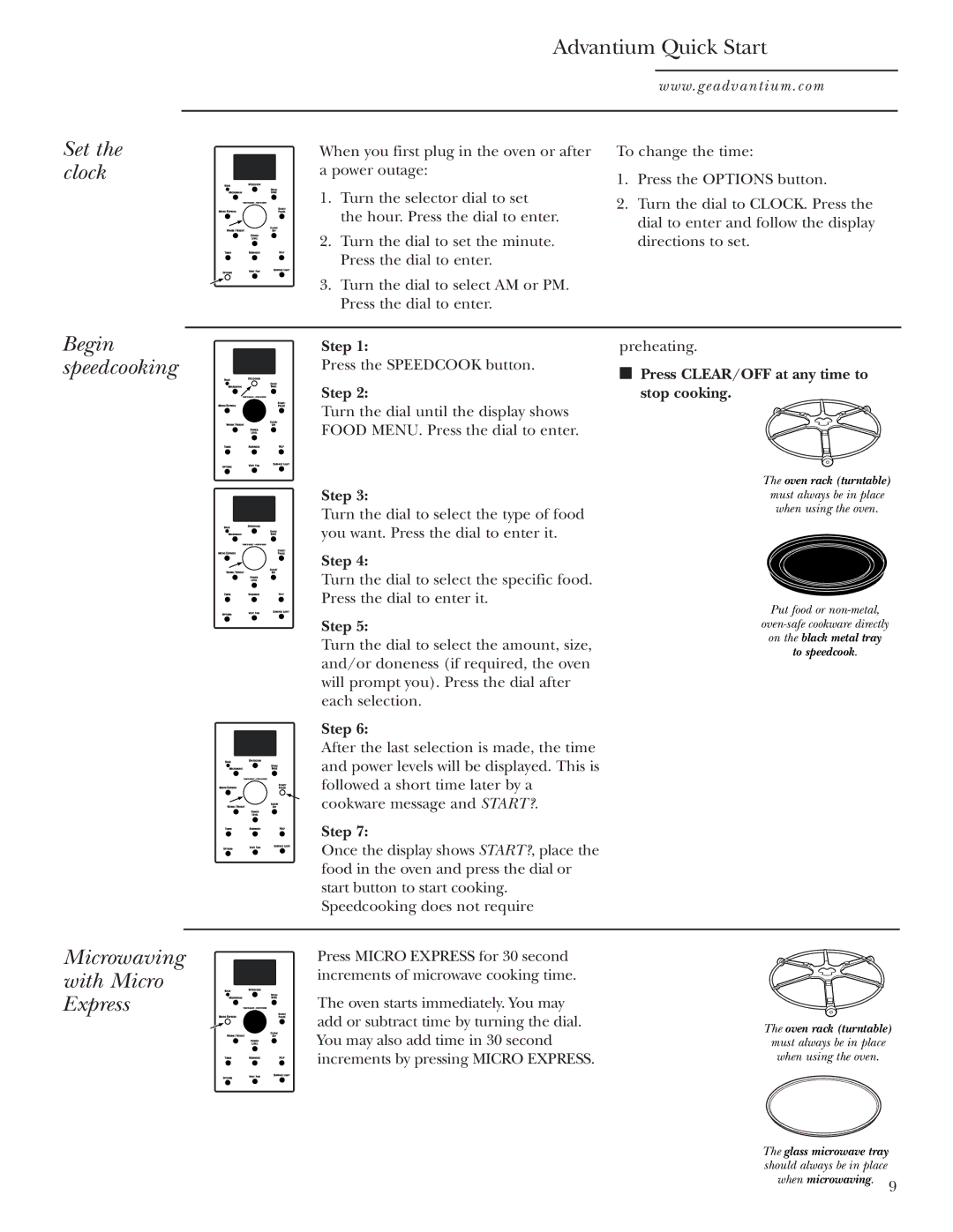 GE SCA1001, SCA1000 owner manual Set the clock, Advantium Quick Start, Begin speedcooking, Microwaving with Micro Express 