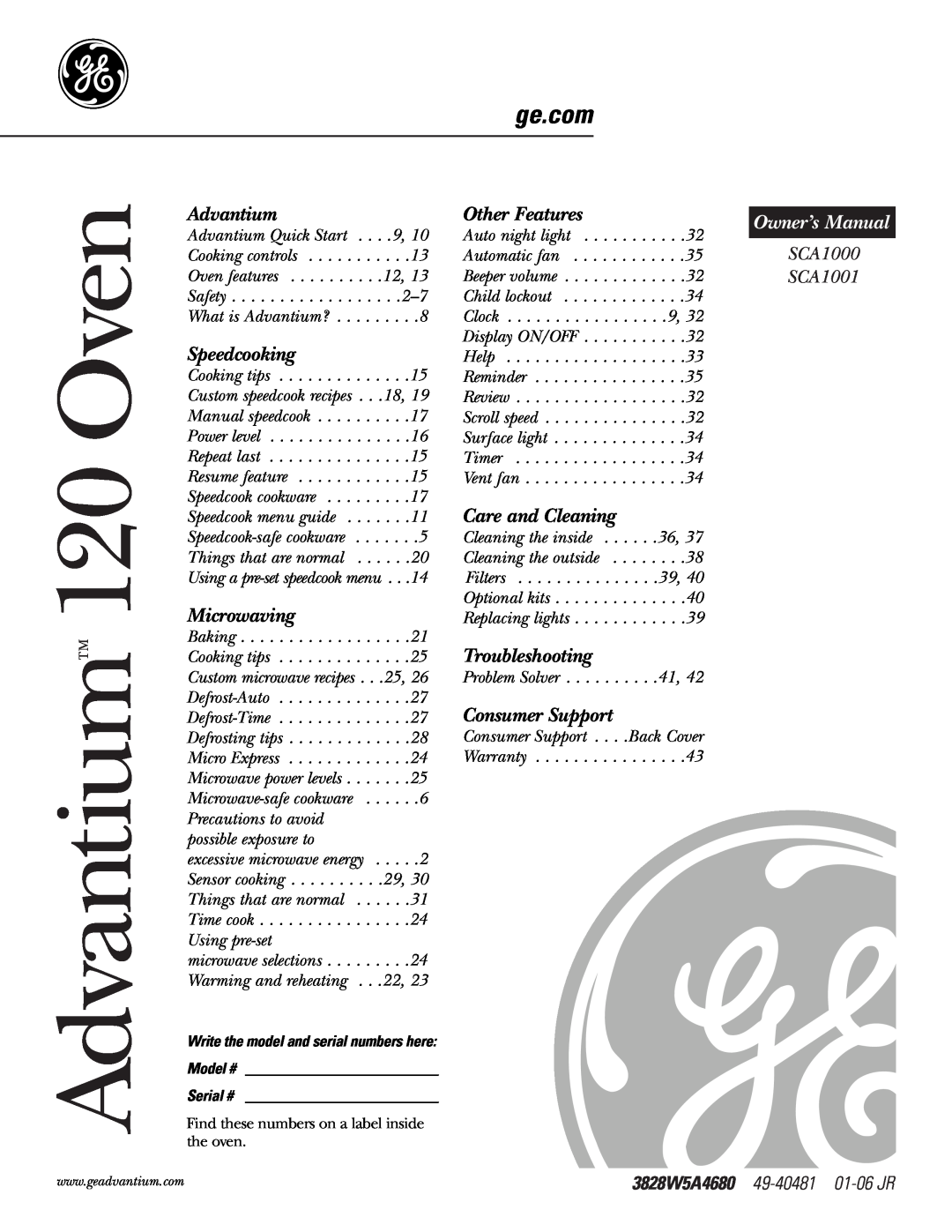 GE SCA1001 owner manual Advantium, Speedcooking, Microwaving, Other Features, Care and Cleaning, Troubleshooting, ge.com 