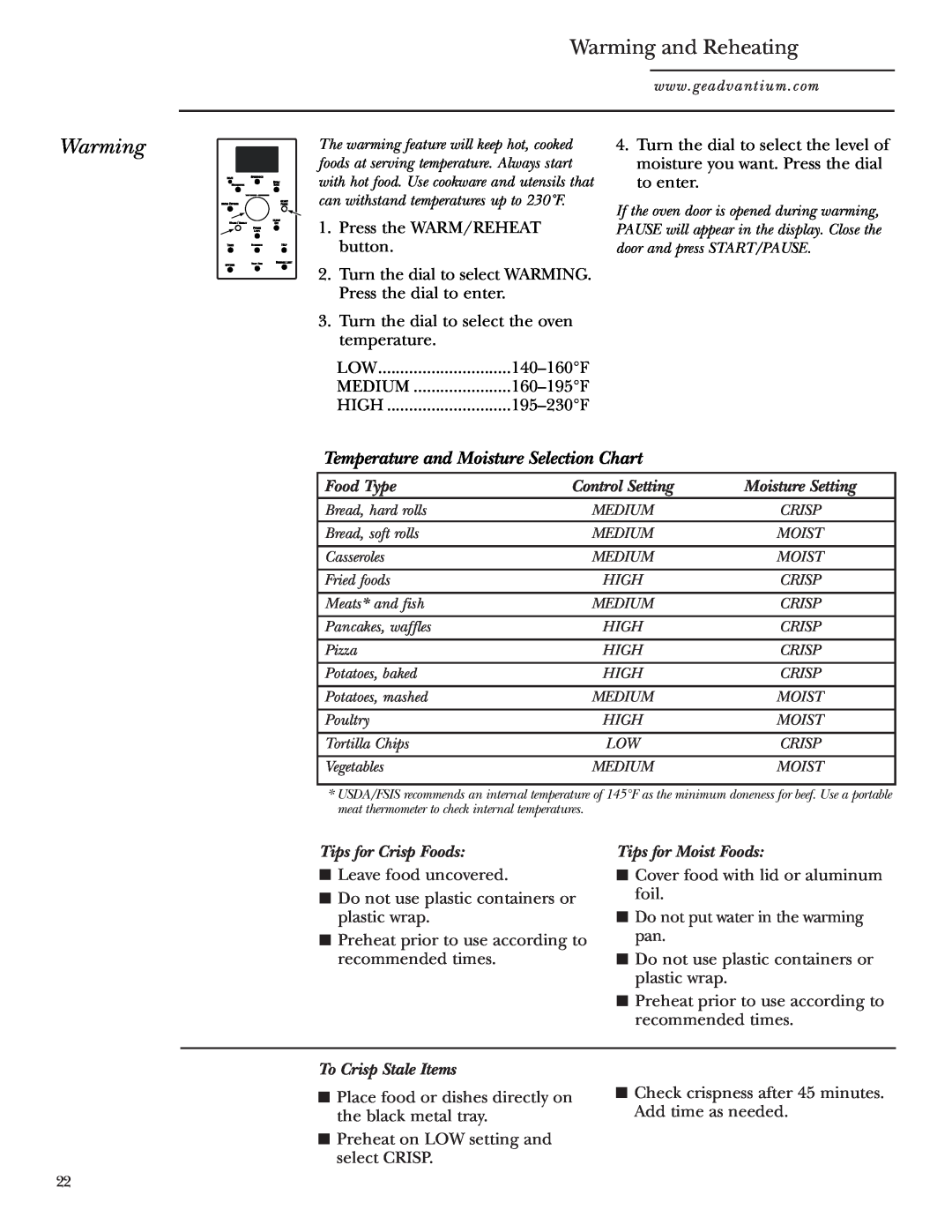 GE SCA1000, SCA1001 owner manual Warming and Reheating, Temperature and Moisture Selection Chart 