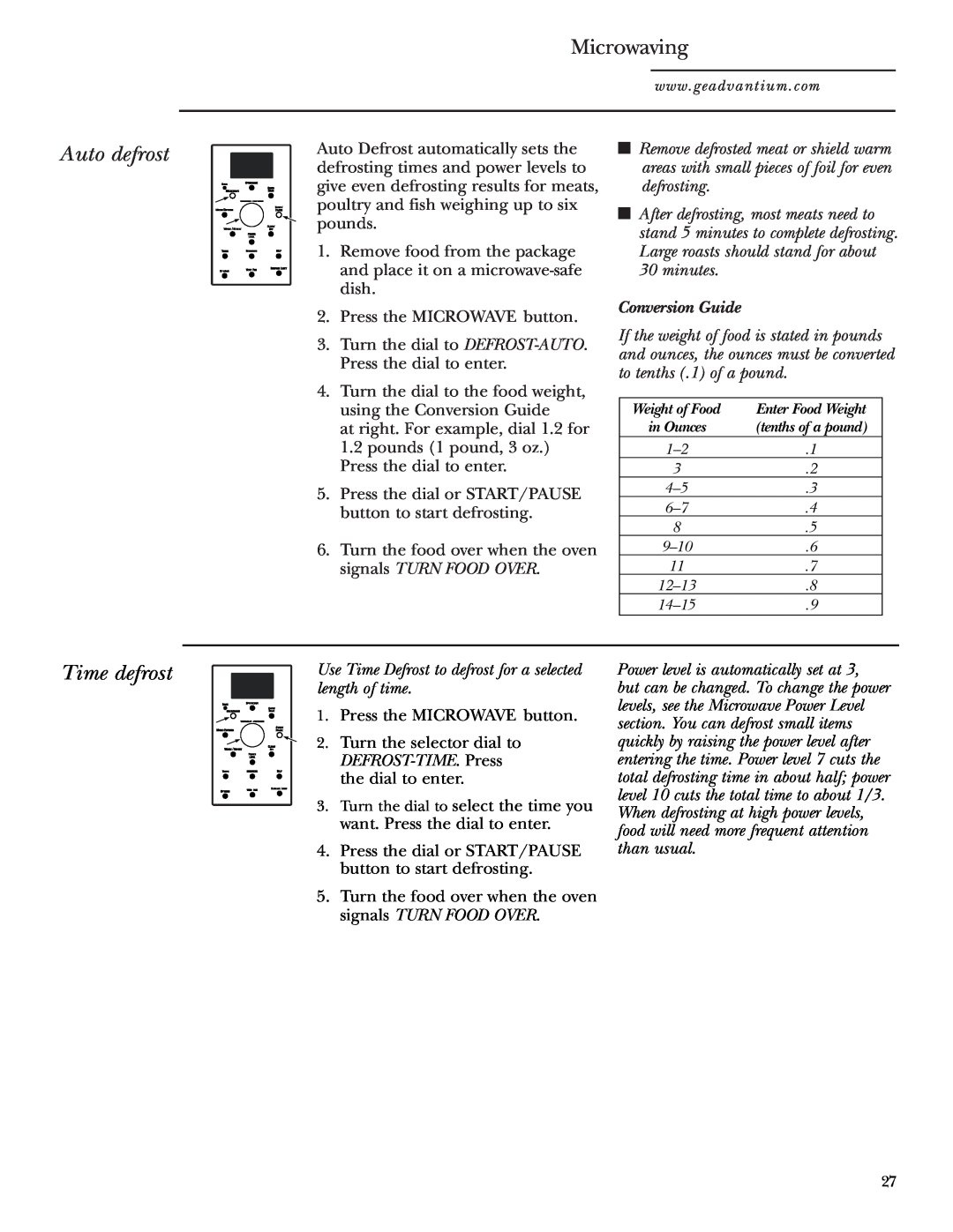 GE SCA1001, SCA1000 owner manual Auto defrost, Time defrost, Microwaving, Conversion Guide 