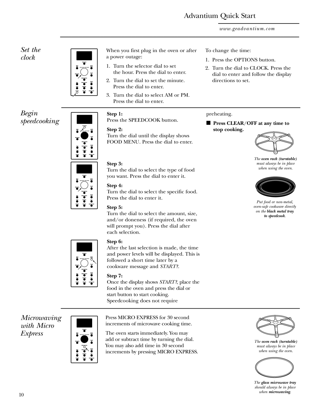 GE SCA1000WH, SCA1001SS manual Set the clock, Advantium Quick Start, Begin speedcooking, Microwaving with Micro Express 