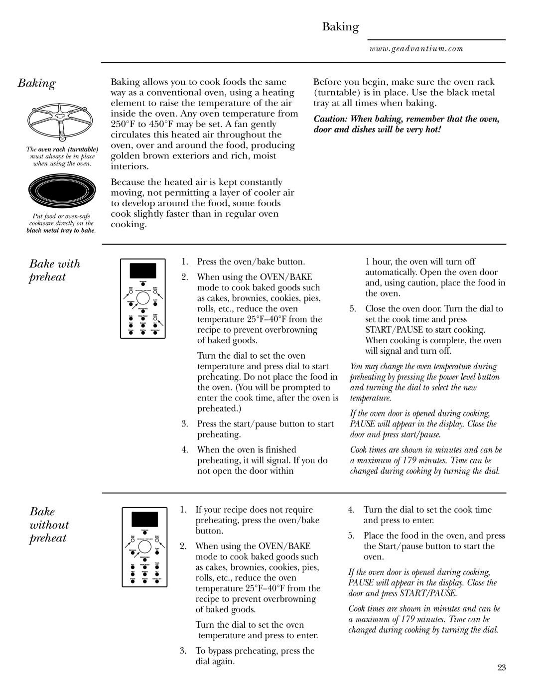 GE SCA1001SS, SCA1000WH manual Baking, Bake with preheat, Bake without preheat 