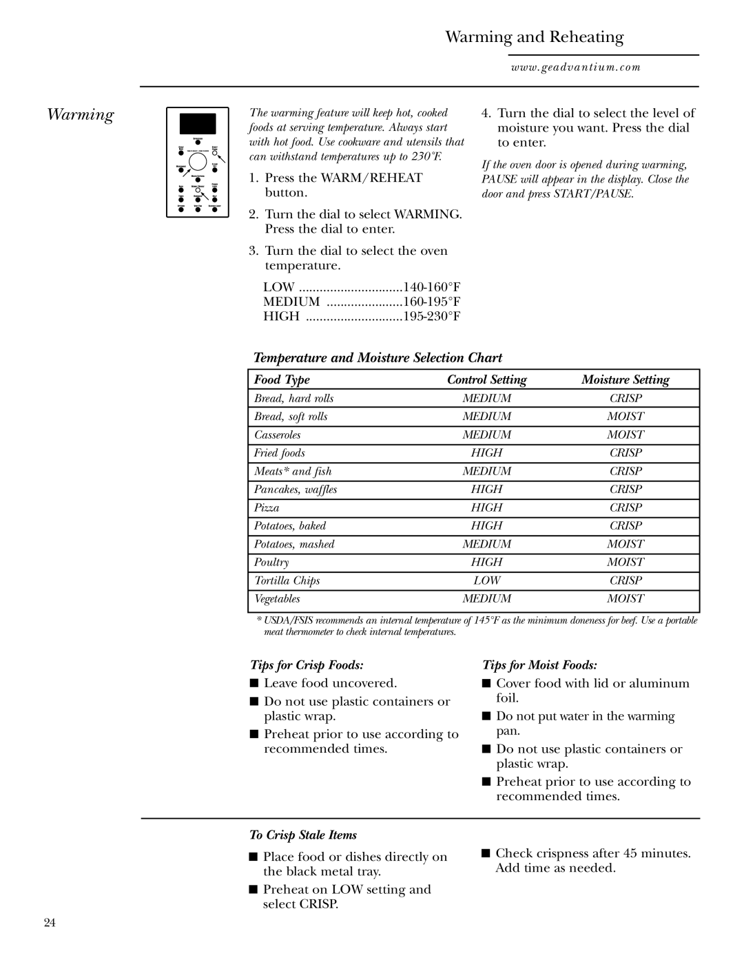 GE SCA1000WH, SCA1001SS manual Warming and Reheating 