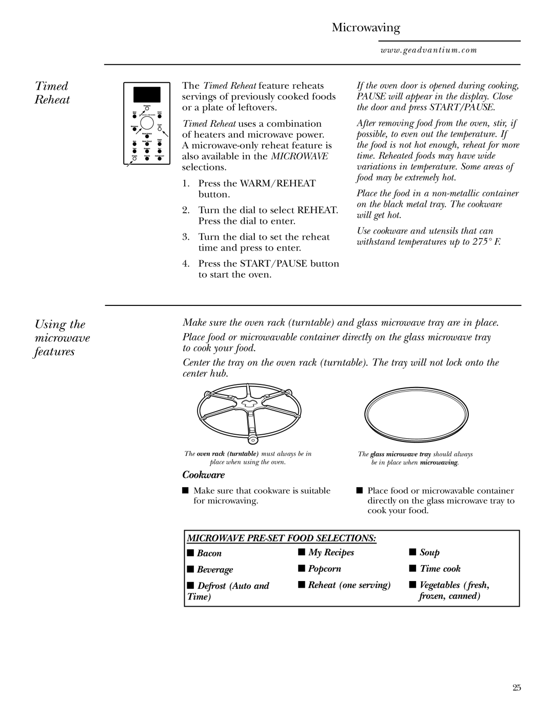 GE SCA1001SS, SCA1000WH manual Microwaving, Timed Reheat, Using the microwave features, Bacon, Soup 