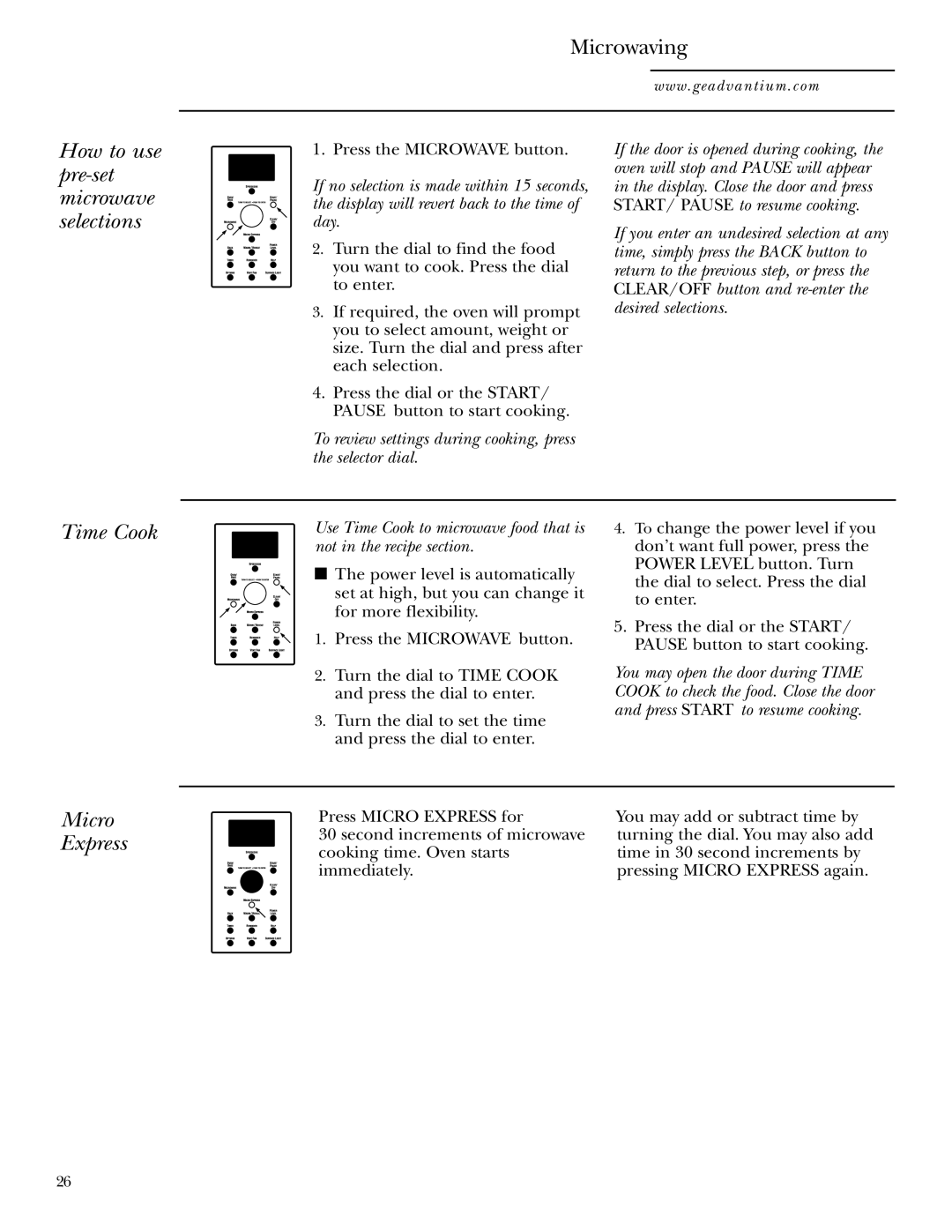 GE SCA1000WH, SCA1001SS manual How to use pre-set microwave selections, Time Cook, Micro Express 