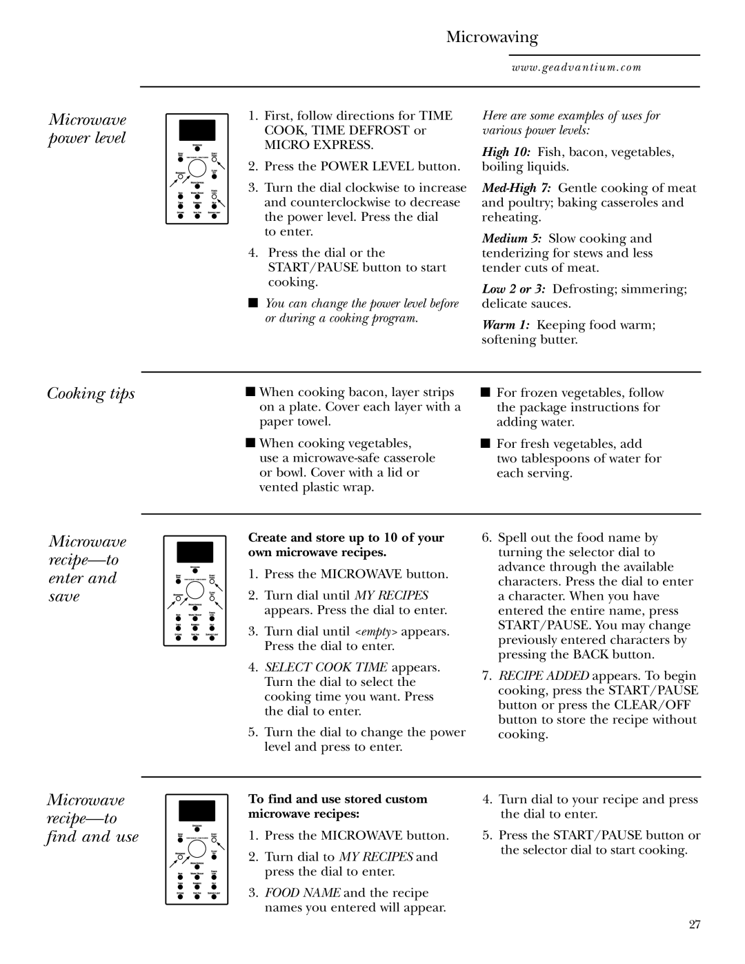 GE SCA1001SS Microwave power level, Cooking tips, Microwave recipe-to enter and save, Microwave recipe-to find and use 