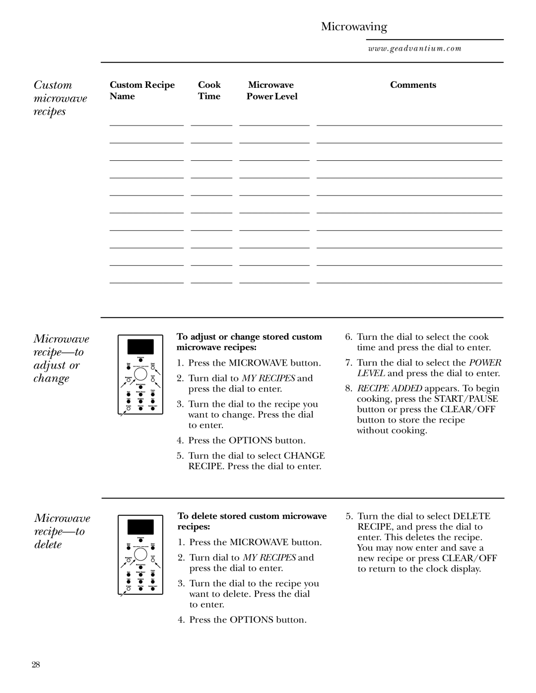 GE SCA1000WH, SCA1001SS manual Custom microwave recipes, Microwave recipe-to adjust or change, Microwave recipe-to delete 