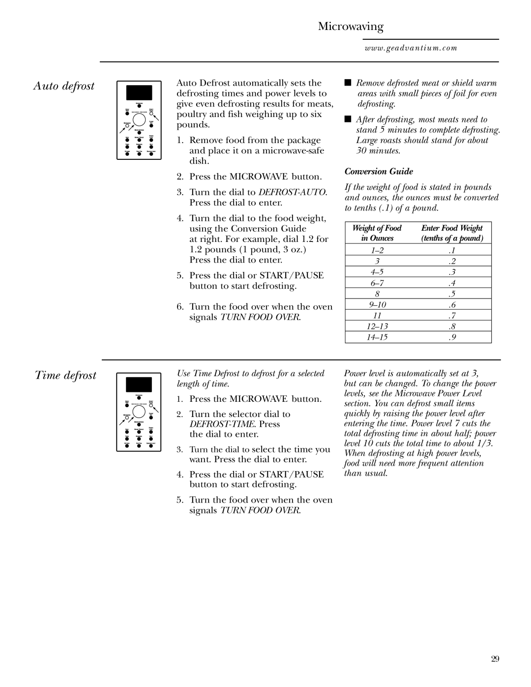 GE SCA1001SS manual Auto defrost, Time defrost, Conversion Guide, Use Time Defrost to defrost for a selected length of time 