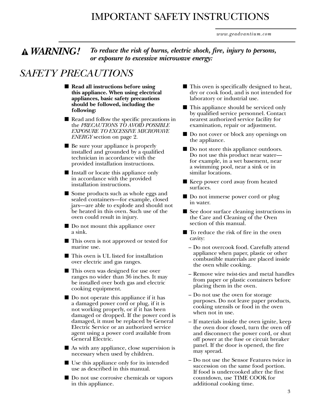 GE SCA1001SS, SCA1000WH manual Safety Precautions 