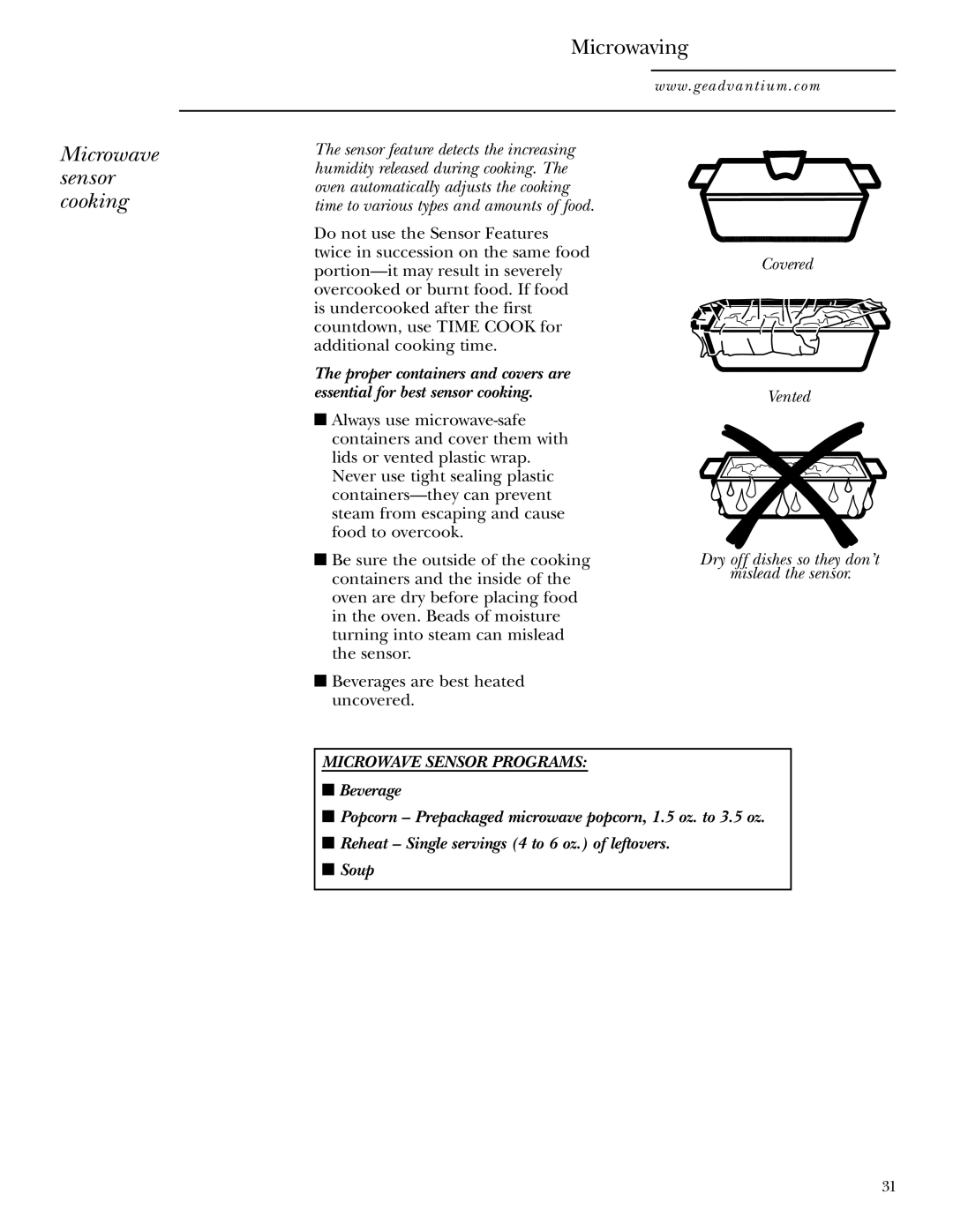 GE SCA1001SS, SCA1000WH manual Microwave sensor cooking, Microwave Sensor Programs 