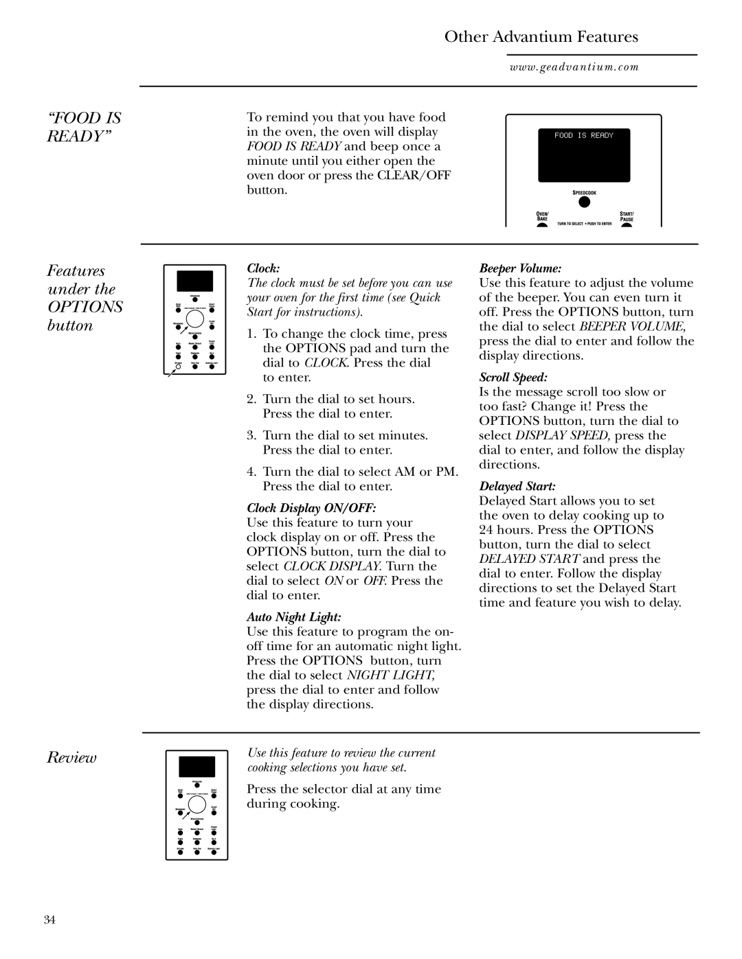 GE SCA1000WH, SCA1001SS manual Other Advantium Features, Features under Options button, Review 