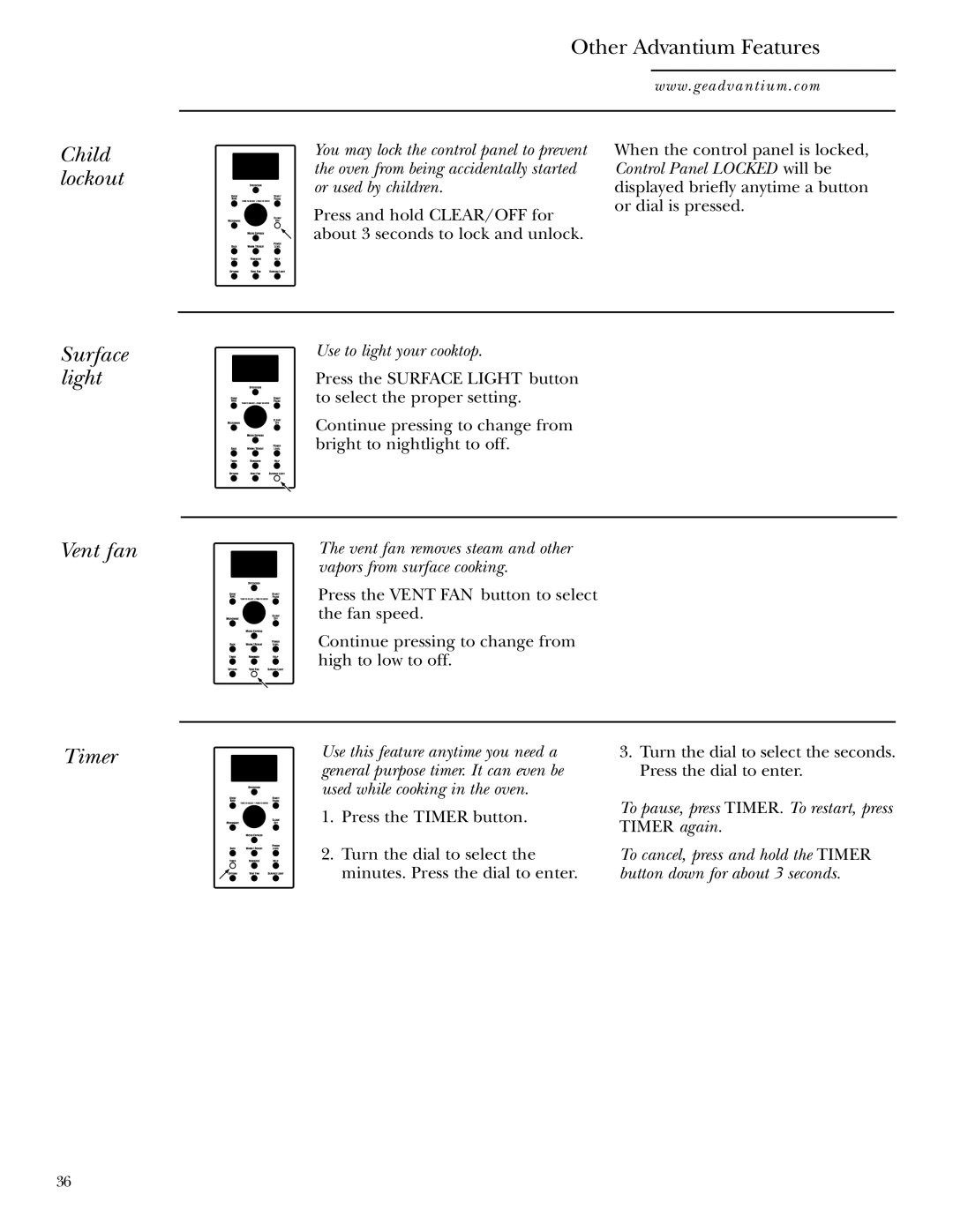 GE SCA1000WH, SCA1001SS manual Child lockout Surface light Vent fan, Timer, Use to light your cooktop 