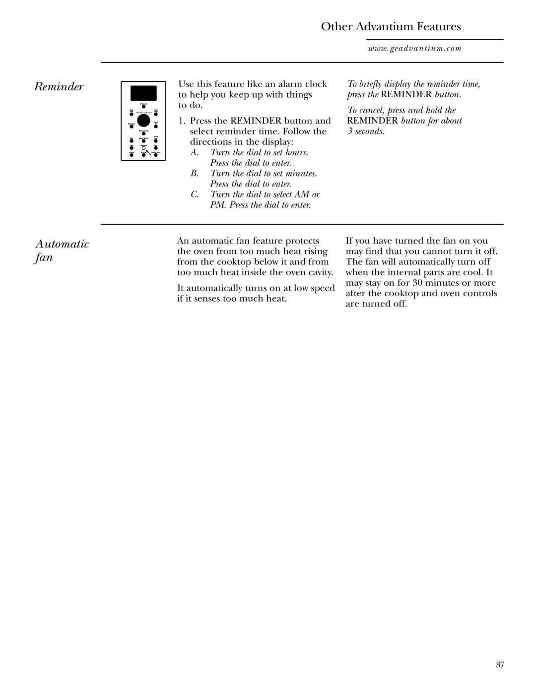 GE SCA1001SS, SCA1000WH manual Reminder, Automatic fan 